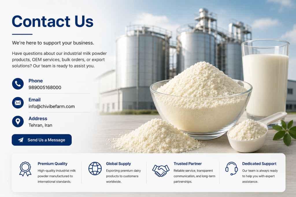 Contact Us page of an industrial milk powder manufacturer with contact information, customer support, and global dairy export services.