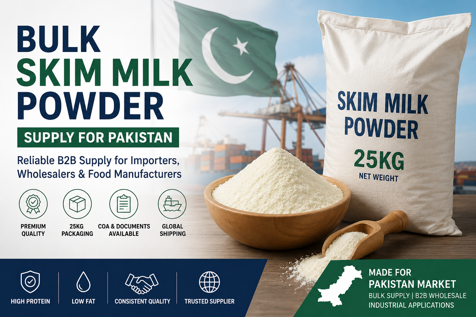 Bulk skim milk powder supply for Pakistan in 25kg bags for B2B buyers