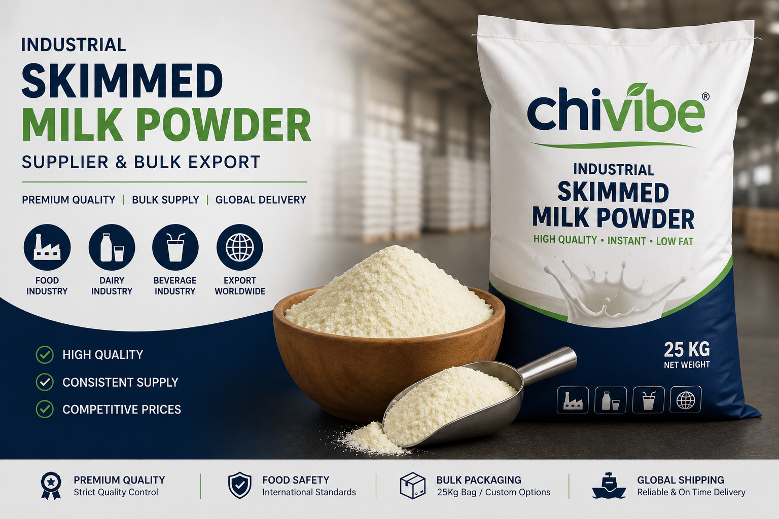 Chivibe industrial skimmed milk powder supplier and bulk export