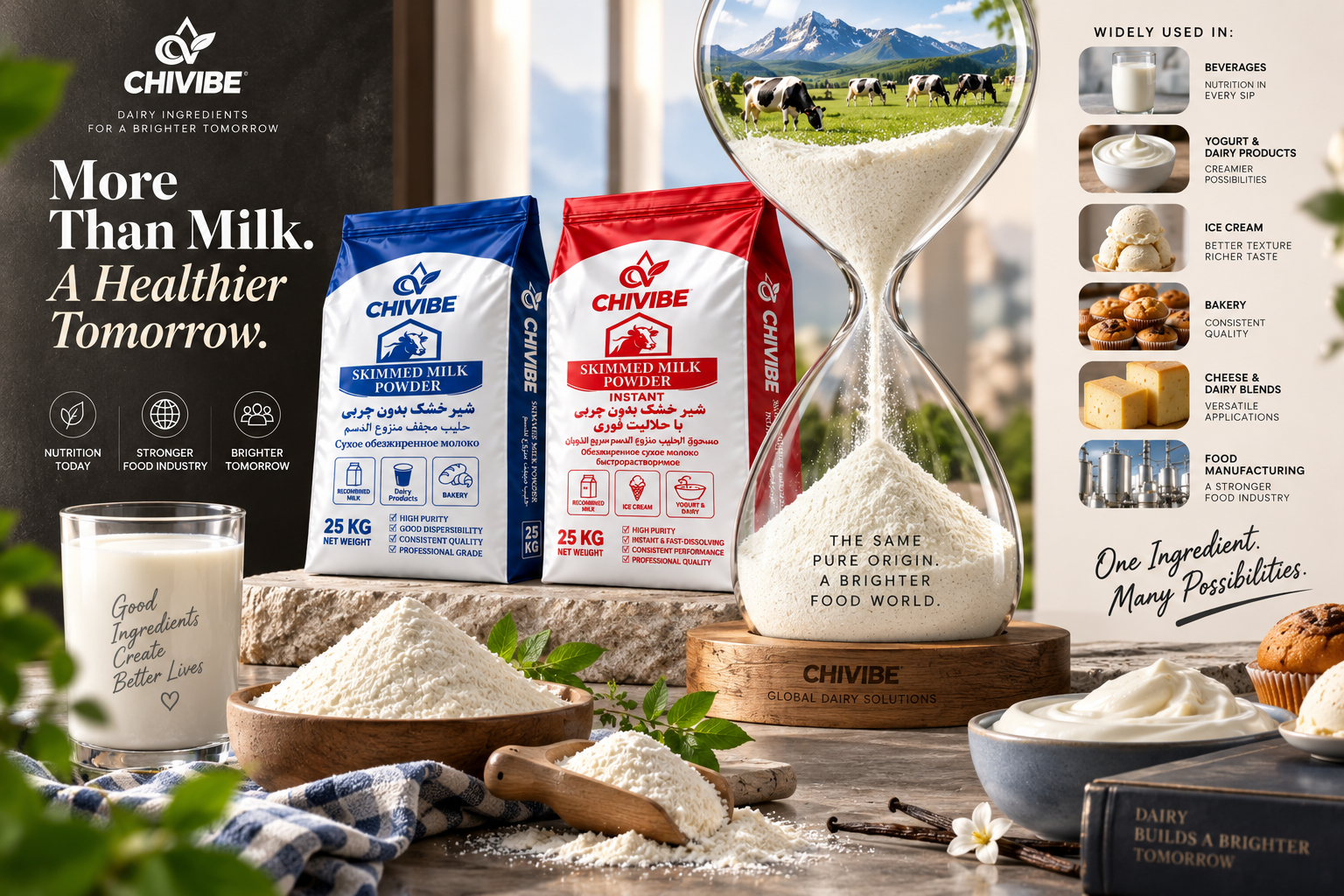 Chivibe Skim Milk Powder for bulk food manufacturing, bakery, dairy, beverages and global B2B supply