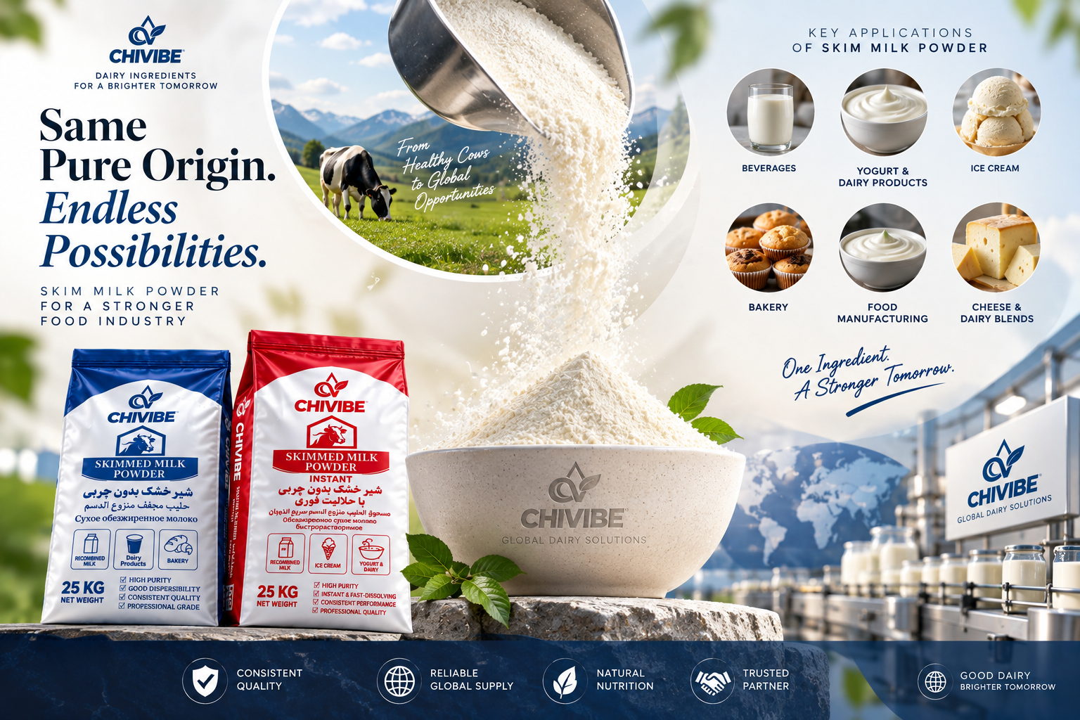 Skim Milk Powder by Chivibe Farm for bakery, dairy, beverages and global food manufacturing