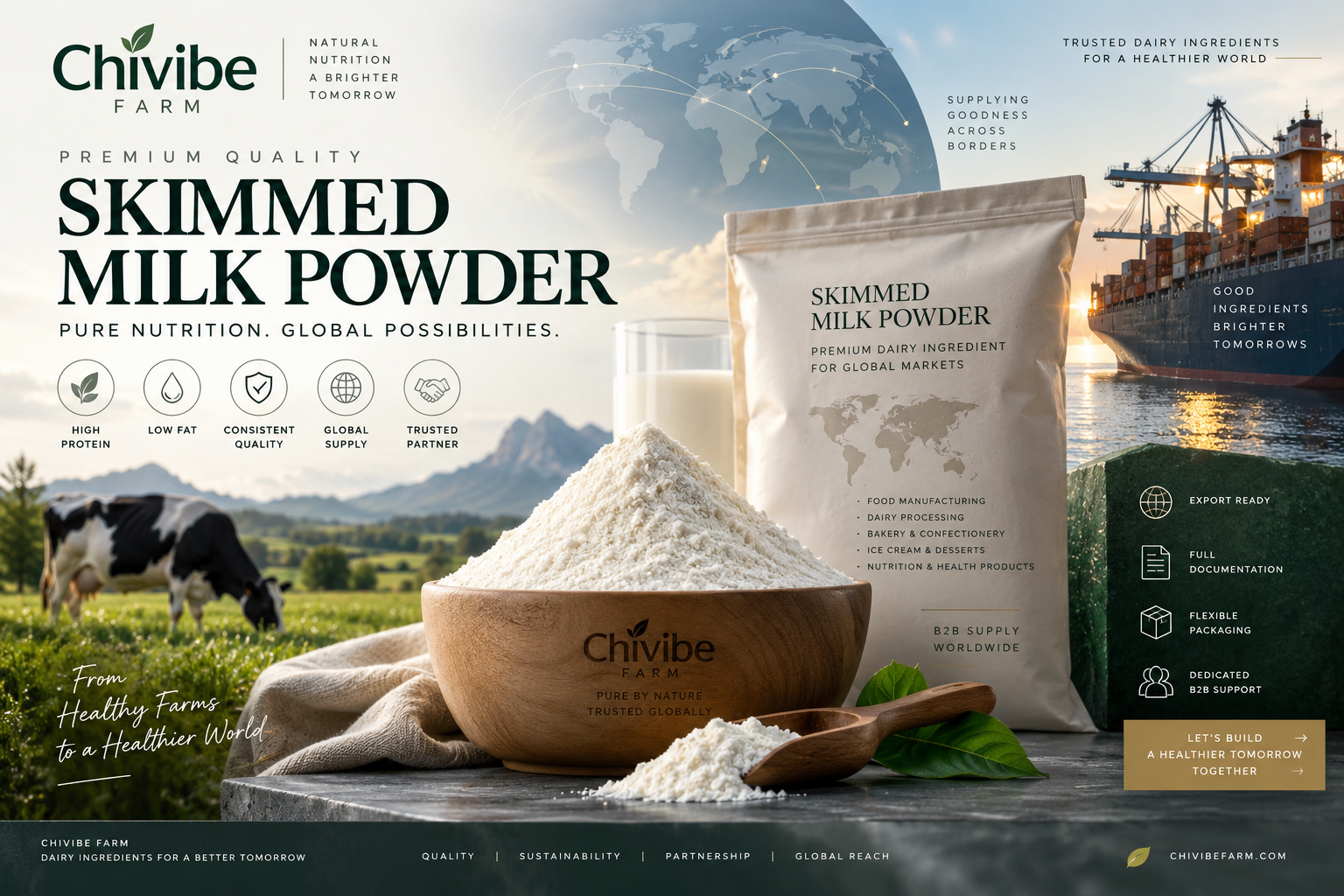 Chivibe Farm bulk skimmed milk powder for global food manufacturers and B2B buyers