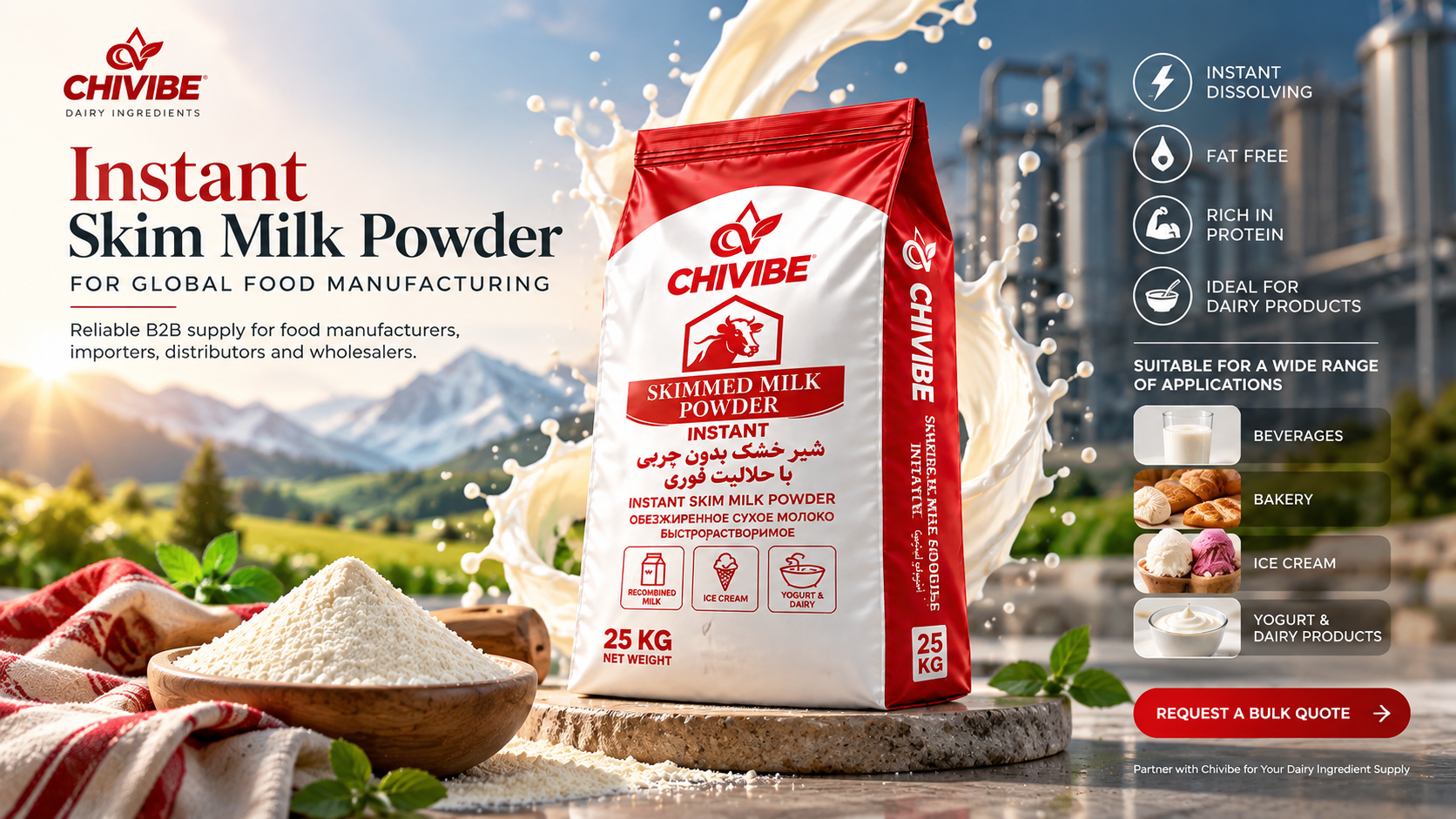 Buy instant skim milk powder in bulk from Chivibe for food manufacturing