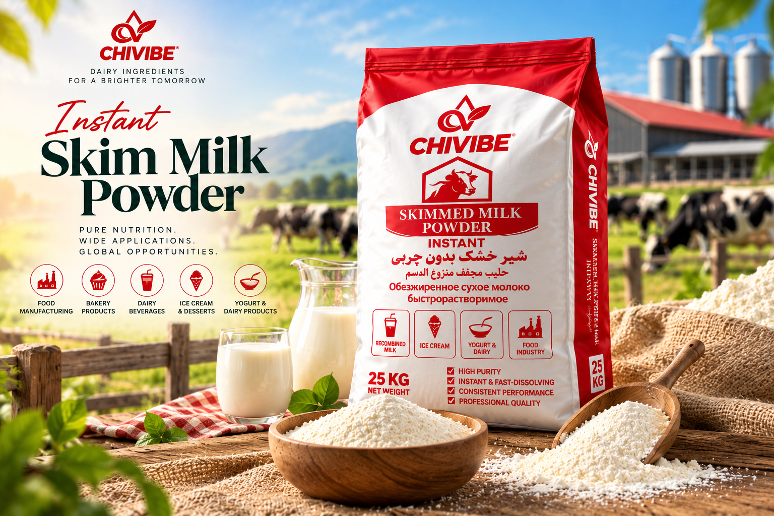Instant Skimmed Milk Powder by Chivibe Farm for B2B food and dairy applications